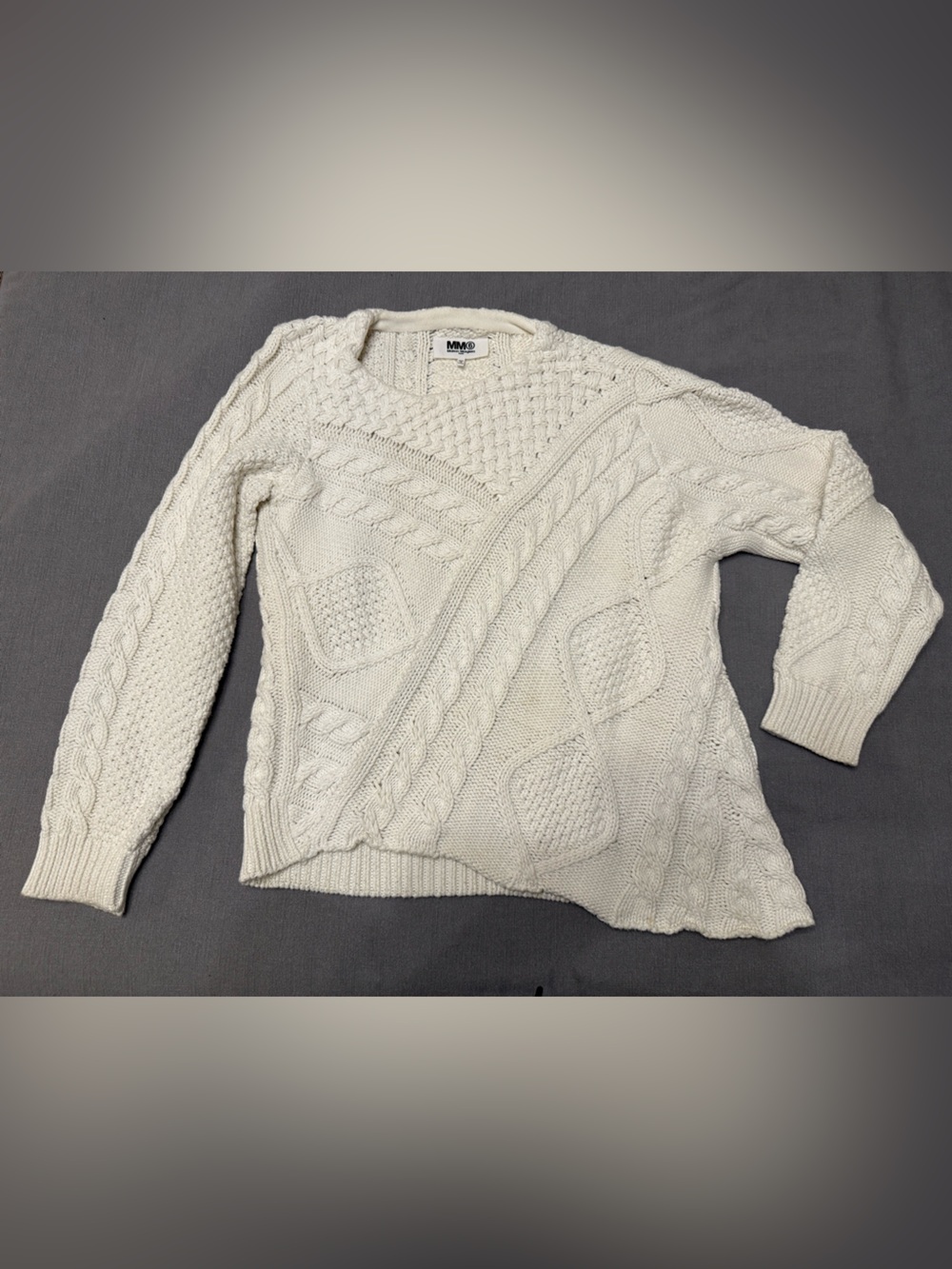 MM6 Maison Margiela Asymmetric Hem Cream Cable Knit Sweater, Medium